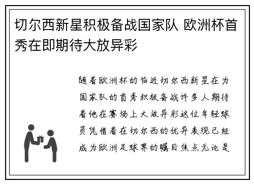 切尔西新星积极备战国家队 欧洲杯首秀在即期待大放异彩